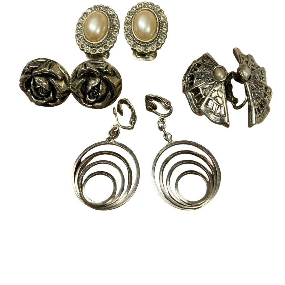 4 Pair Vintage Silver tone Clip on Earrings including AVON Bat Wing Pair